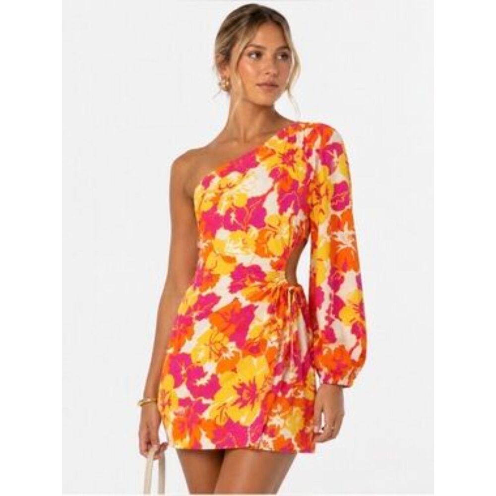 L*Space Kensa Floral One Shoulder Mini Dress Pink Orange Yellow L NWT